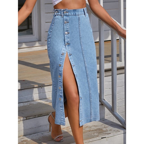 Button Front Longline Denim midi Skirt - Picture 1 of 12